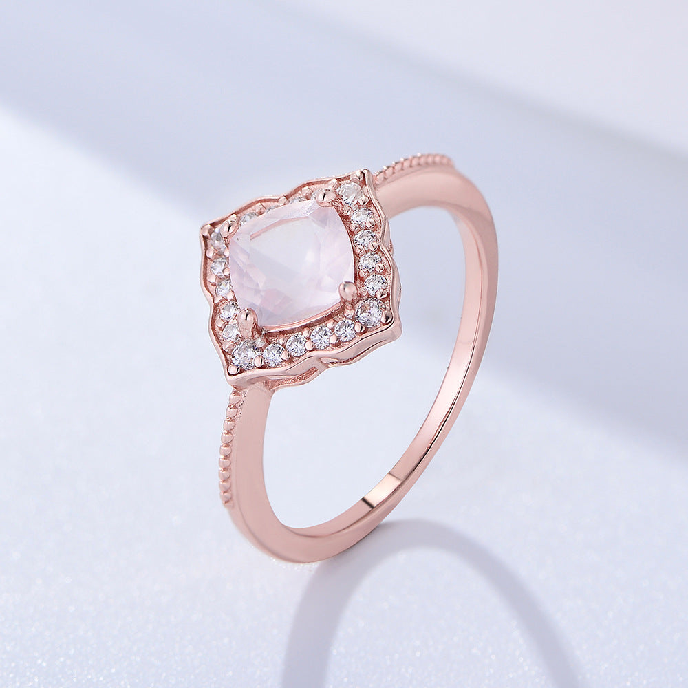 Pink Crystal Square Fashion Soleste Halo Sterling Silver Ring for Women