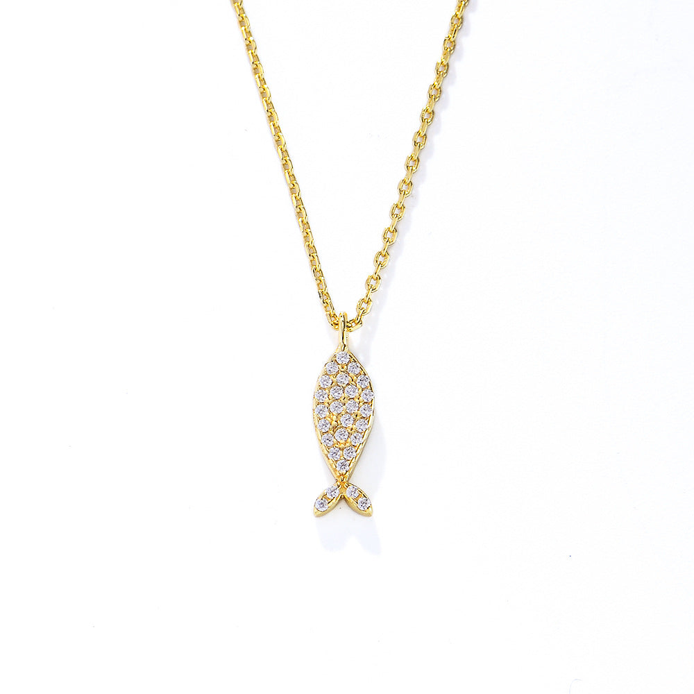 Full Zircon Small Fish Pendant Sterling Silver Necklace for Women