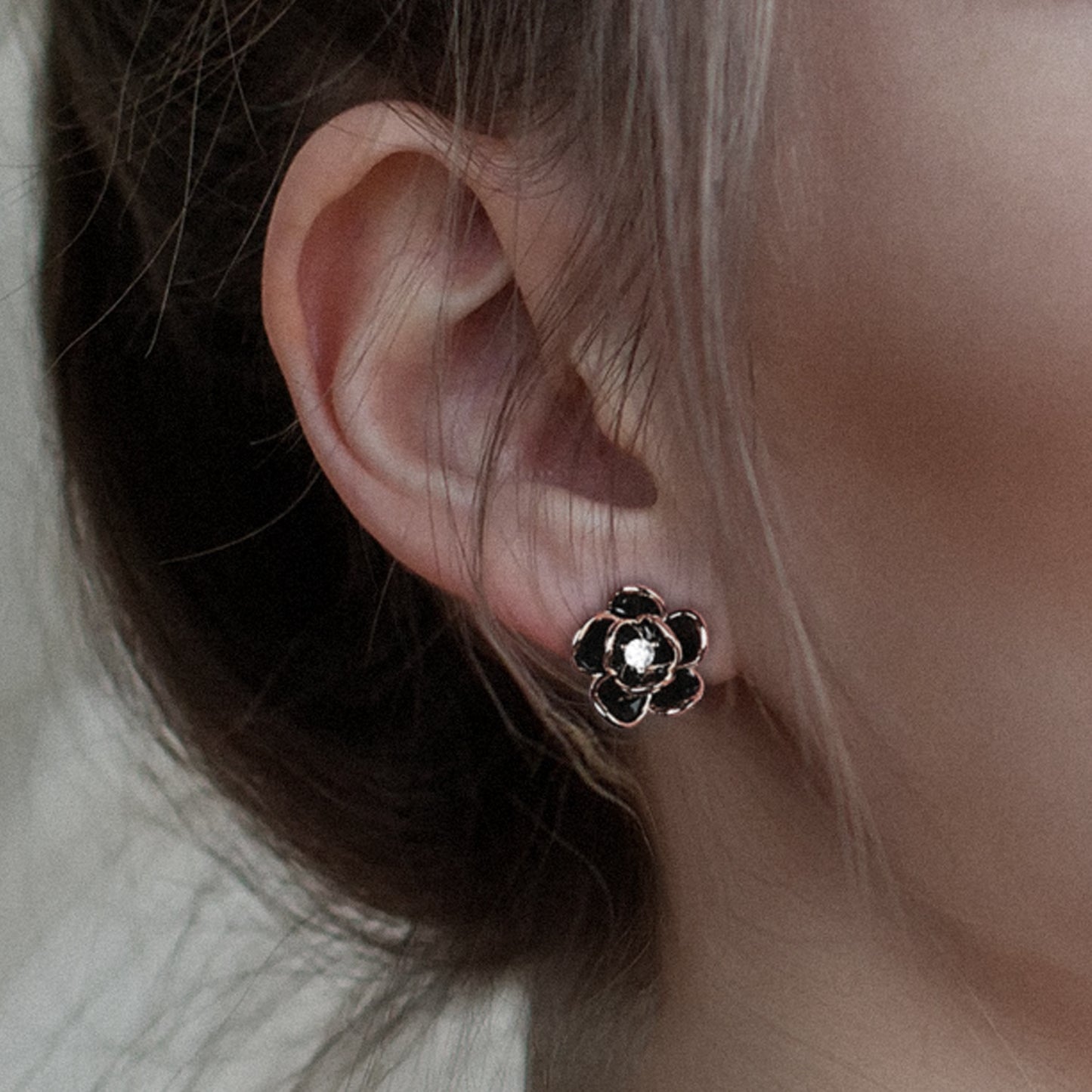 Camellia Black Enamel Stud Earrings