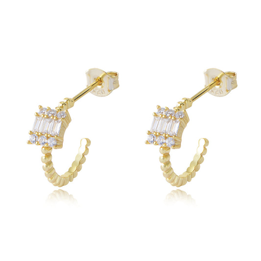 C-shape with Rectangle Zircon Silver Studs Earrings for Women