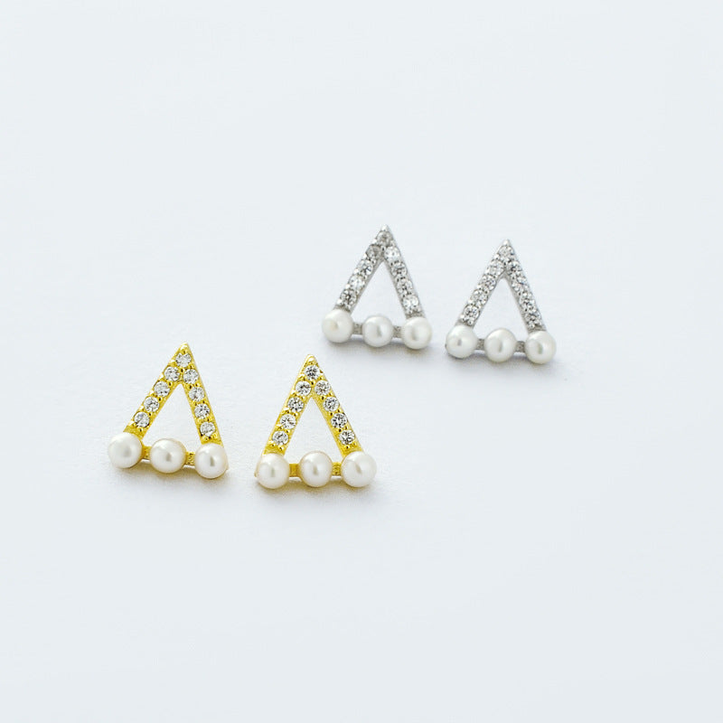 Hollow Zircon Triangle with Pearl Silver Stud Earrings for Women
