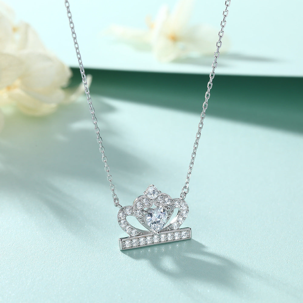 Princess Crown with Heart Zircon Silver Pendant Necklace for Women