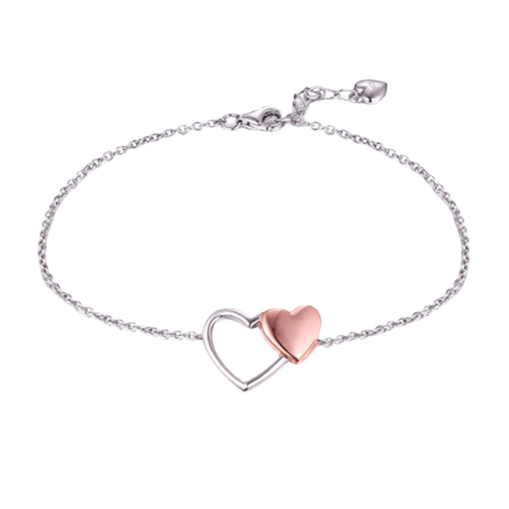 Hollow Heart Splicing Rose Golden Heart Silver Bracelet for Women