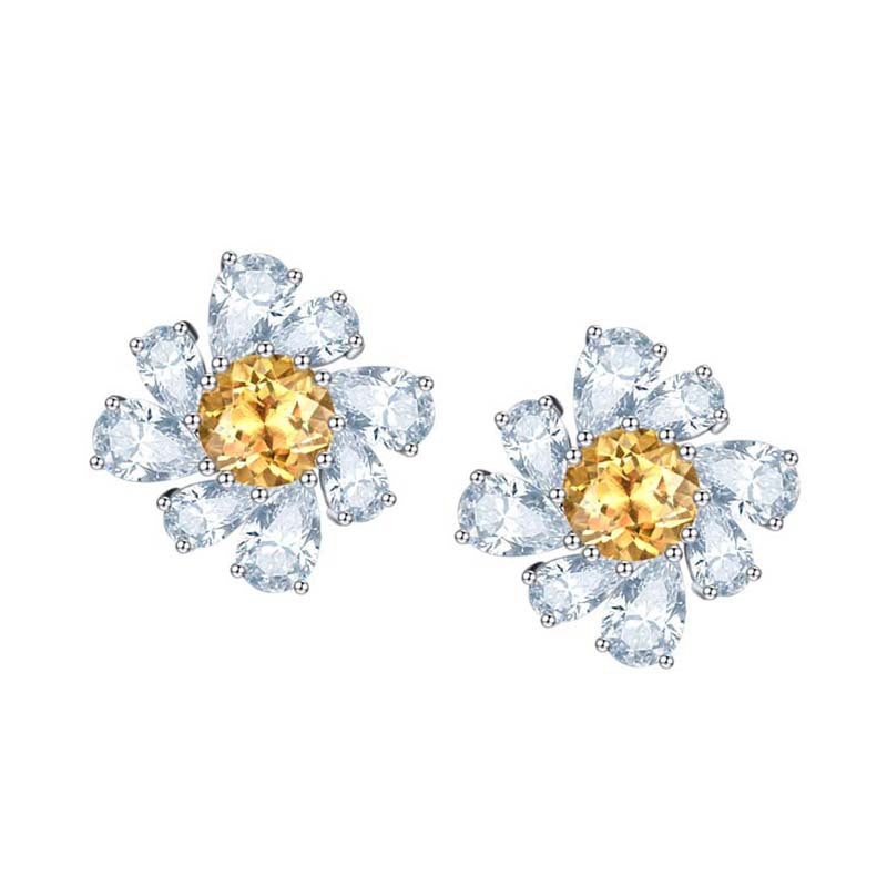 (1.0CT)  Natural Yellow Crystal 6.5mm Round Cut Annular Petals Silver Studs Earrings for Women