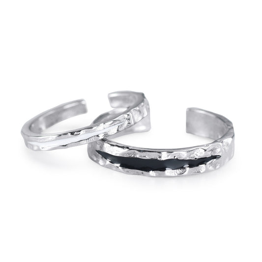 Black and White Irregular Folds Textures Silver Couple Ring for Women