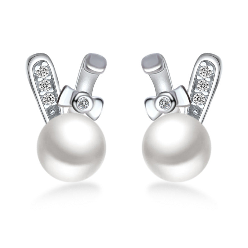 Freshwater Pearl Cute Rabbit with Zircon Silver Stud Earrings for Women