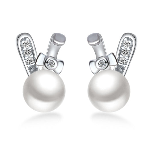 Freshwater Pearl Cute Rabbit with Zircon Silver Stud Earrings for Women
