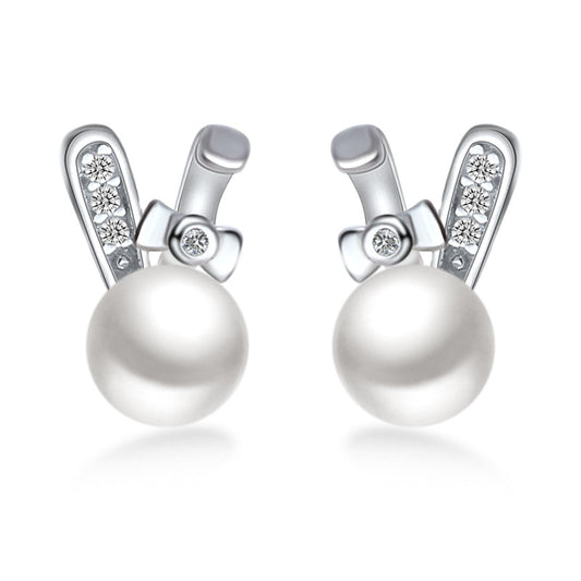 Freshwater Pearl Cute Rabbit with Zircon Silver Stud Earrings for Women
