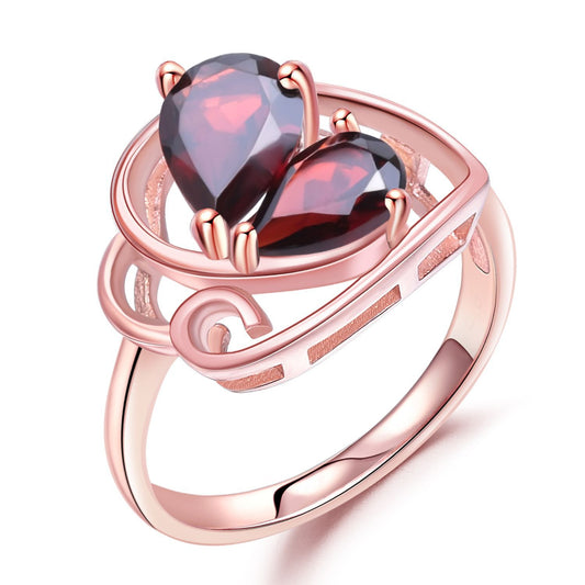 European Retro Design  Inlaid Natural Garnet Two Gemstones Plated 18k Rose Gold Ring for Women