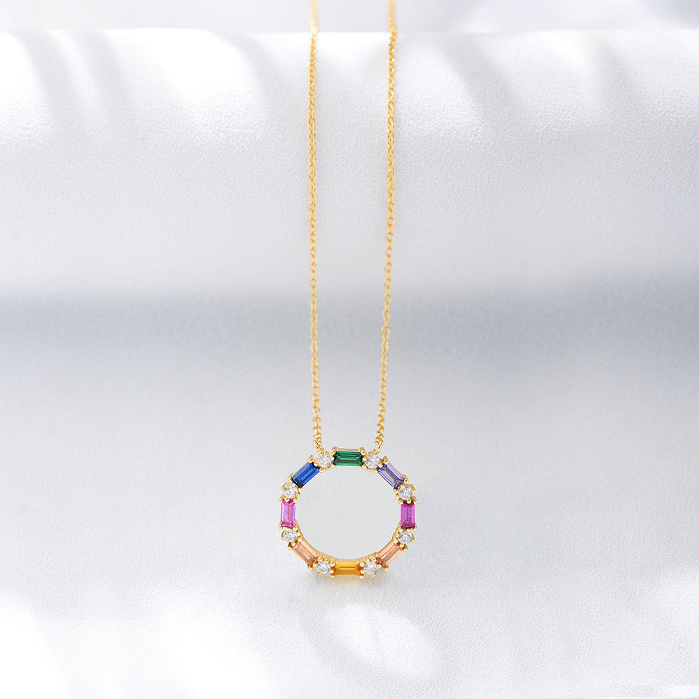 Colourful Rectangle Zircon Ring Pendant Silver Necklace for Women