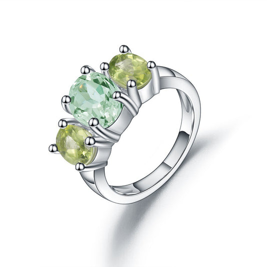 Natural Green Crystal Three Stones Silver Ring  for Women