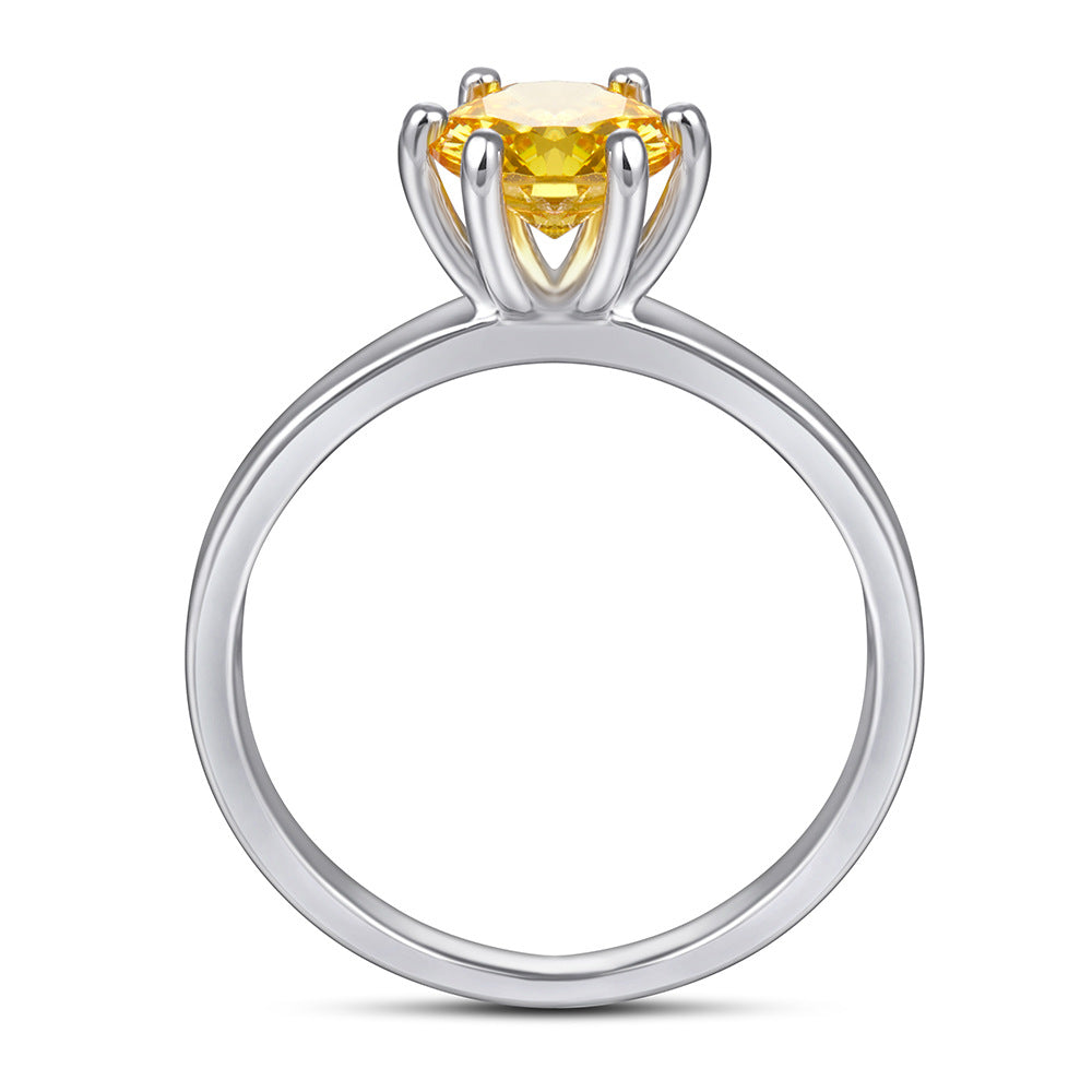 Yellow Zircon Six Prongs Solitaire Silver Ring