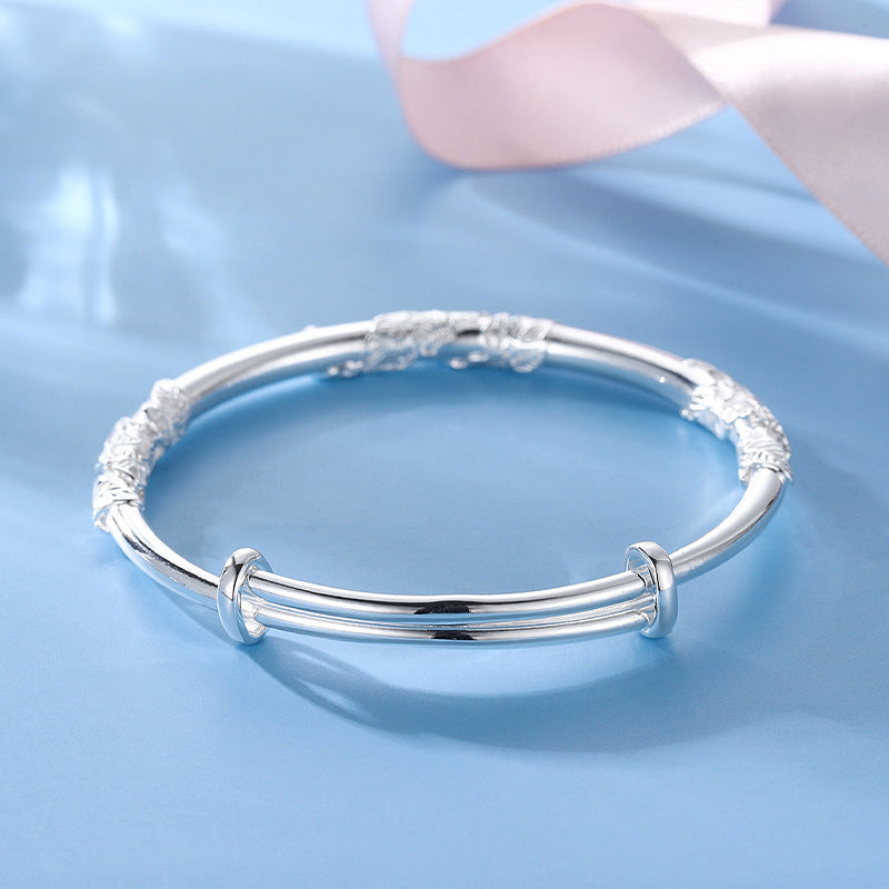 Flower Pattern Solid Push-pull Silver Bracelet for Women