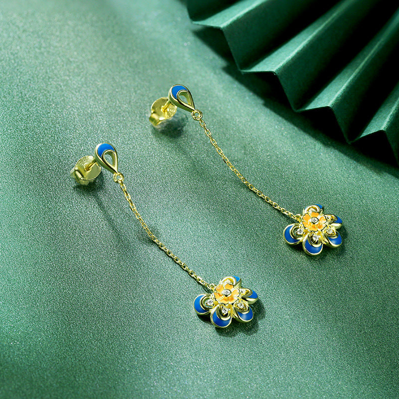 Tassel Enamel Flower with Zircon Silver Drop Earrings