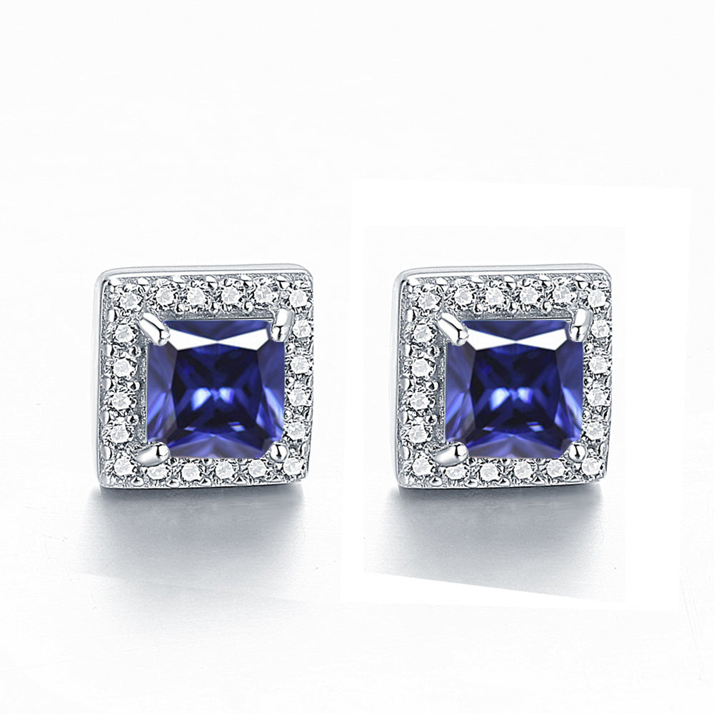 Square Zircon Soleste Halo Silver Studs Earrings for Women