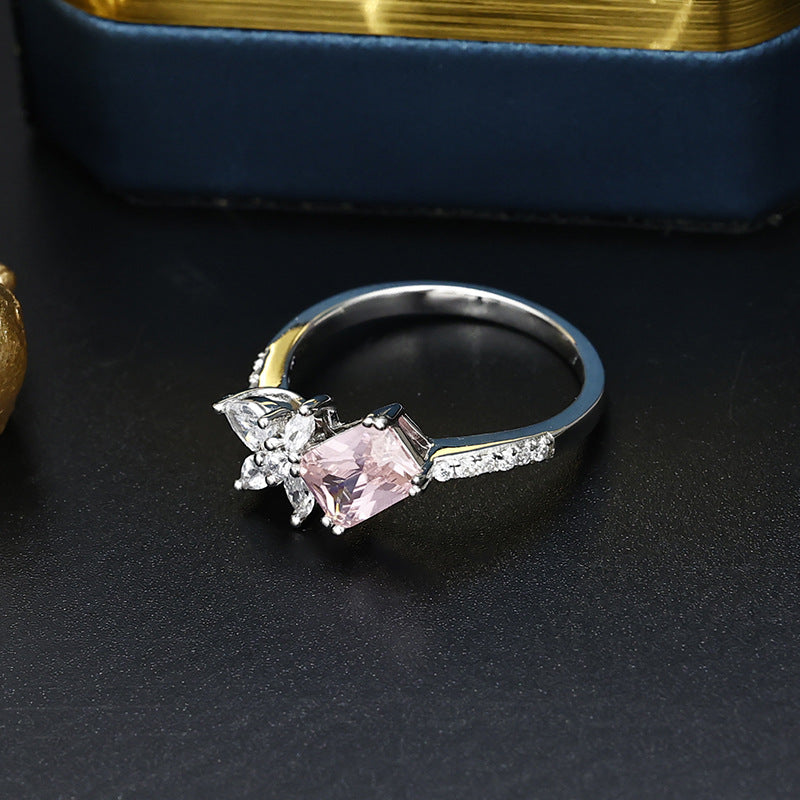 7*5mm Barbie Pink Zircon with Flower Silver Ring for Women