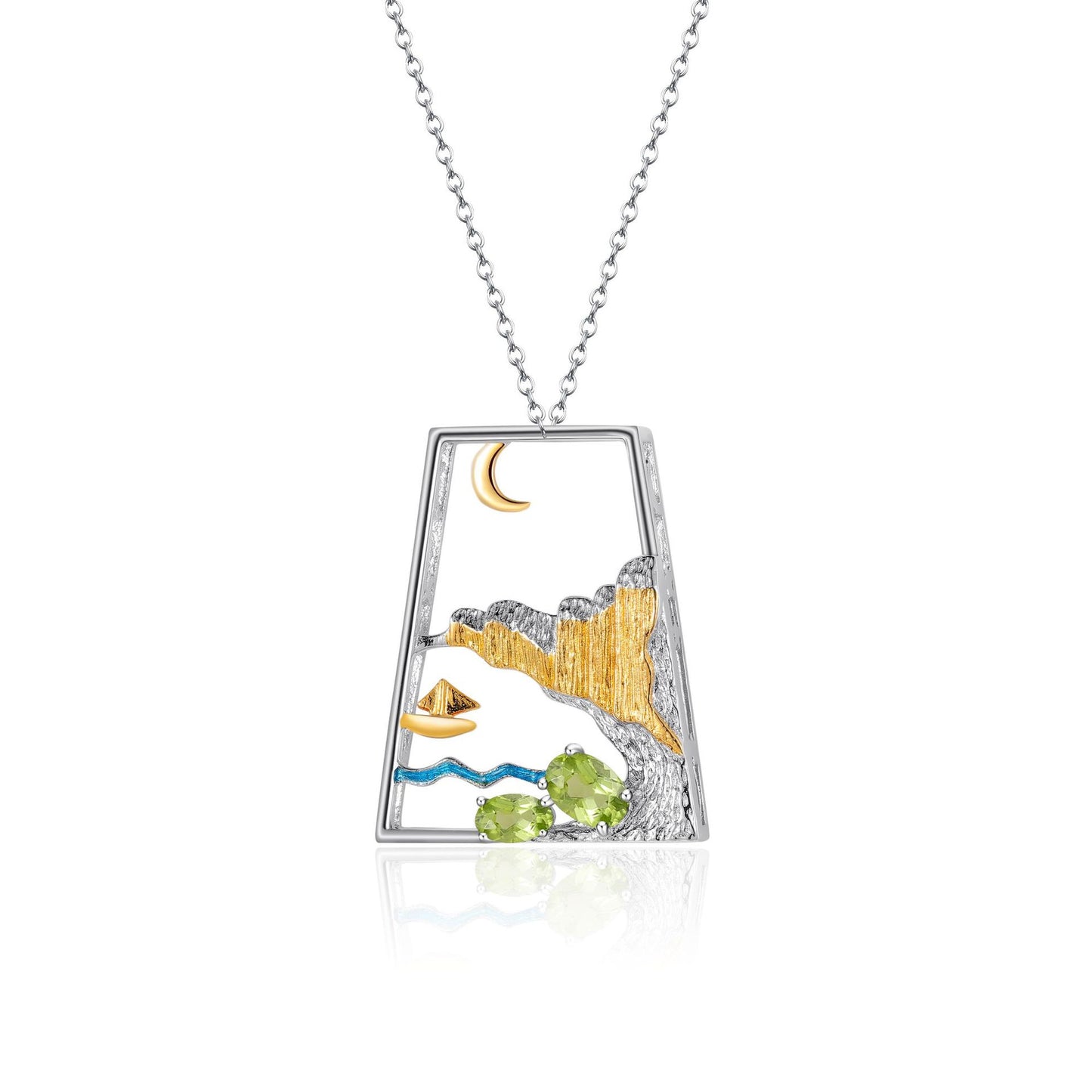 Original Design Inlaid Natural Colourful Gemstone Moonlight Wave Full of Painted Boats High Beauty Pendant Silver Necklace for Women