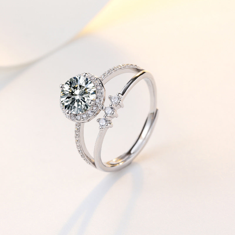 Round Zircon Soleste Halo Double Layer Silver Ring