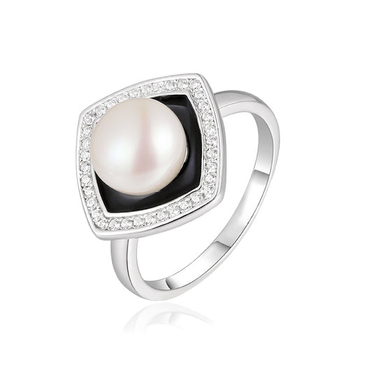 9mm Freshwater Pearl with Square Soleste Halo Zircon Silver Ring for Women