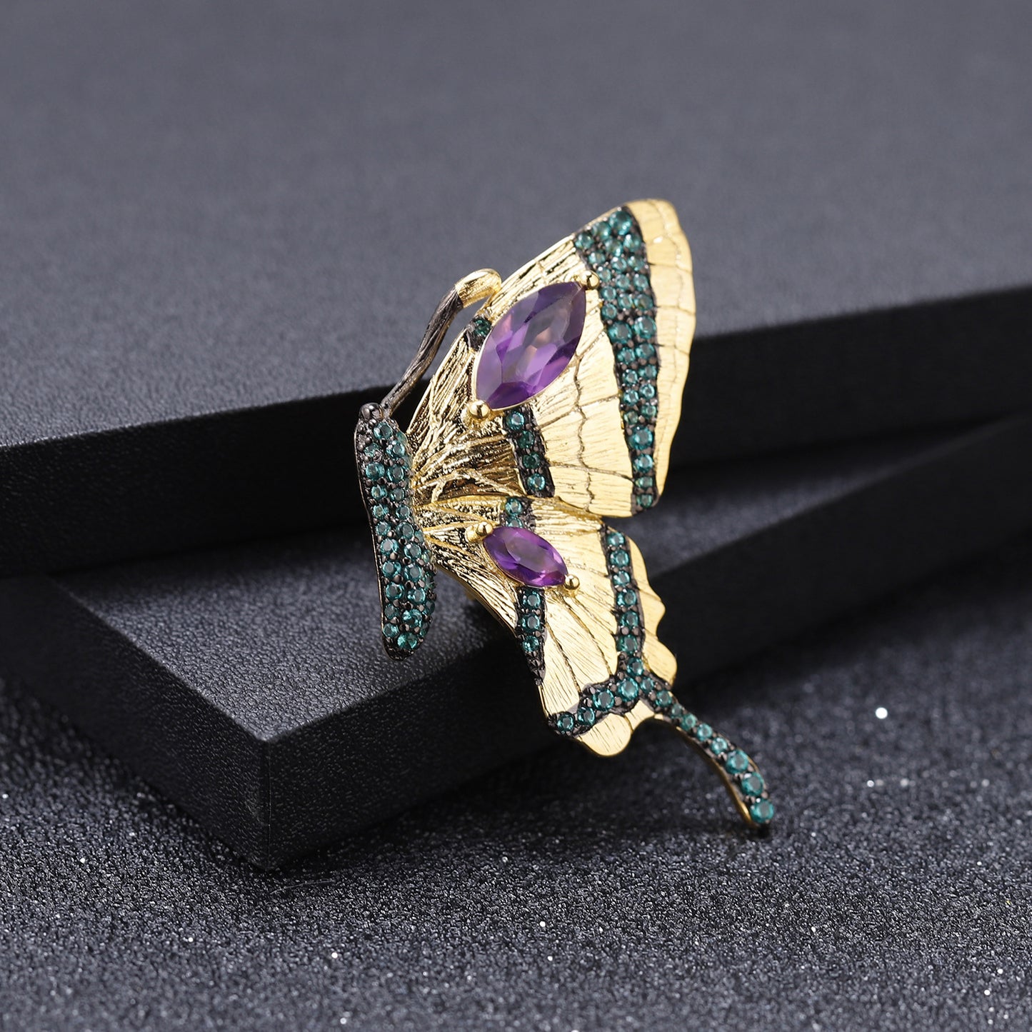 Vintage Style Brooch Pendant Dual-use Inlaid Natural Colourful Gemstone Flying Butterfly Silver Necklace for Women
