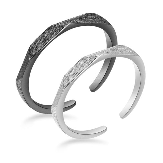 Geometric Multi-Face Design with Sandblasted Texture Silver Couple Ring for Women