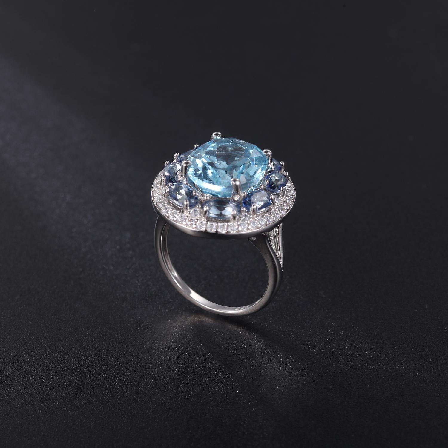 European and American Fashion Temperament  with Natural Topaz Soleste Halo Silver Ring for Women