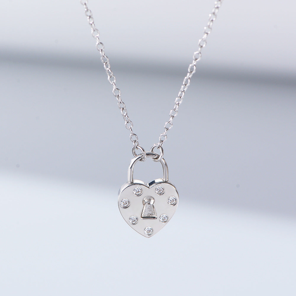 Heart-shaped Lock with Zircon Pendant Sterling Silver Necklace for Women