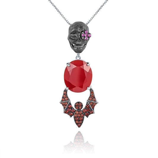 Dark Vintage Skull Bat Design with Red Agate Pendant Silver Necklace for Women