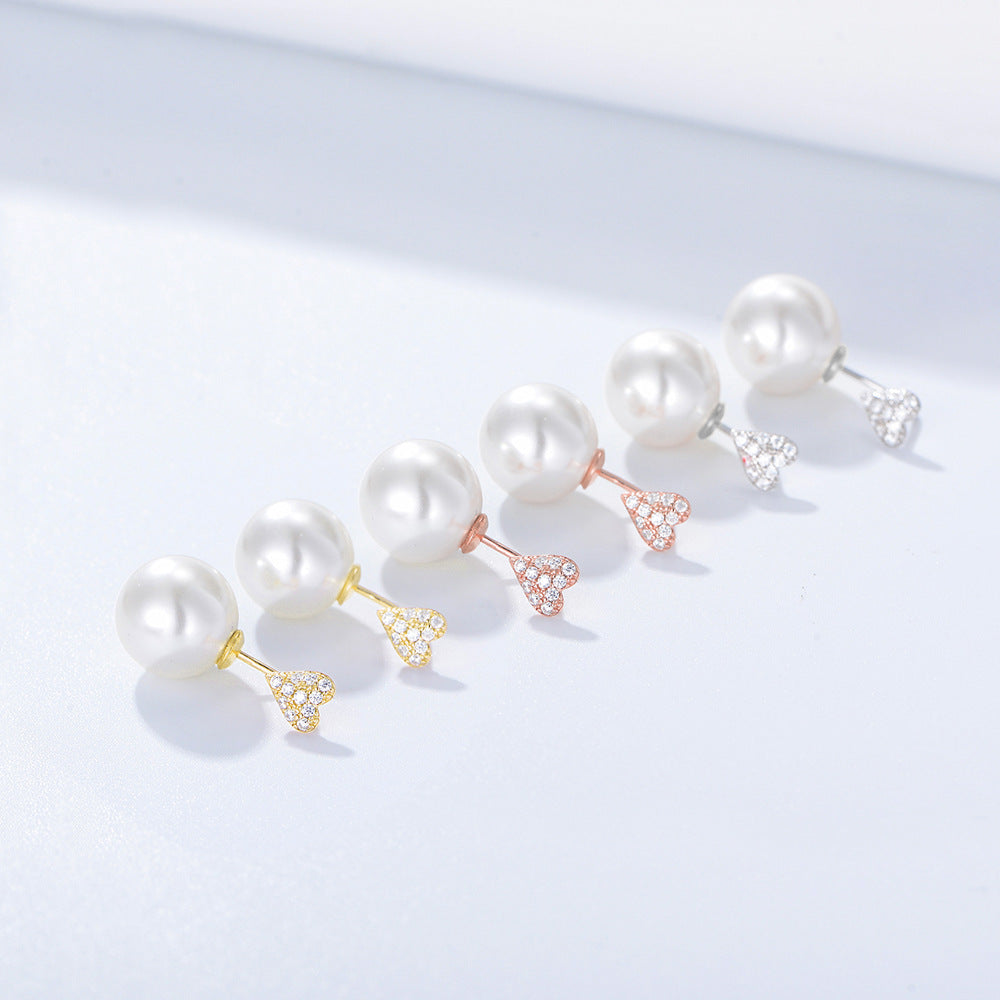 Ball Pearl with Heart-shape Zircon Silver Drop Earrings for Women