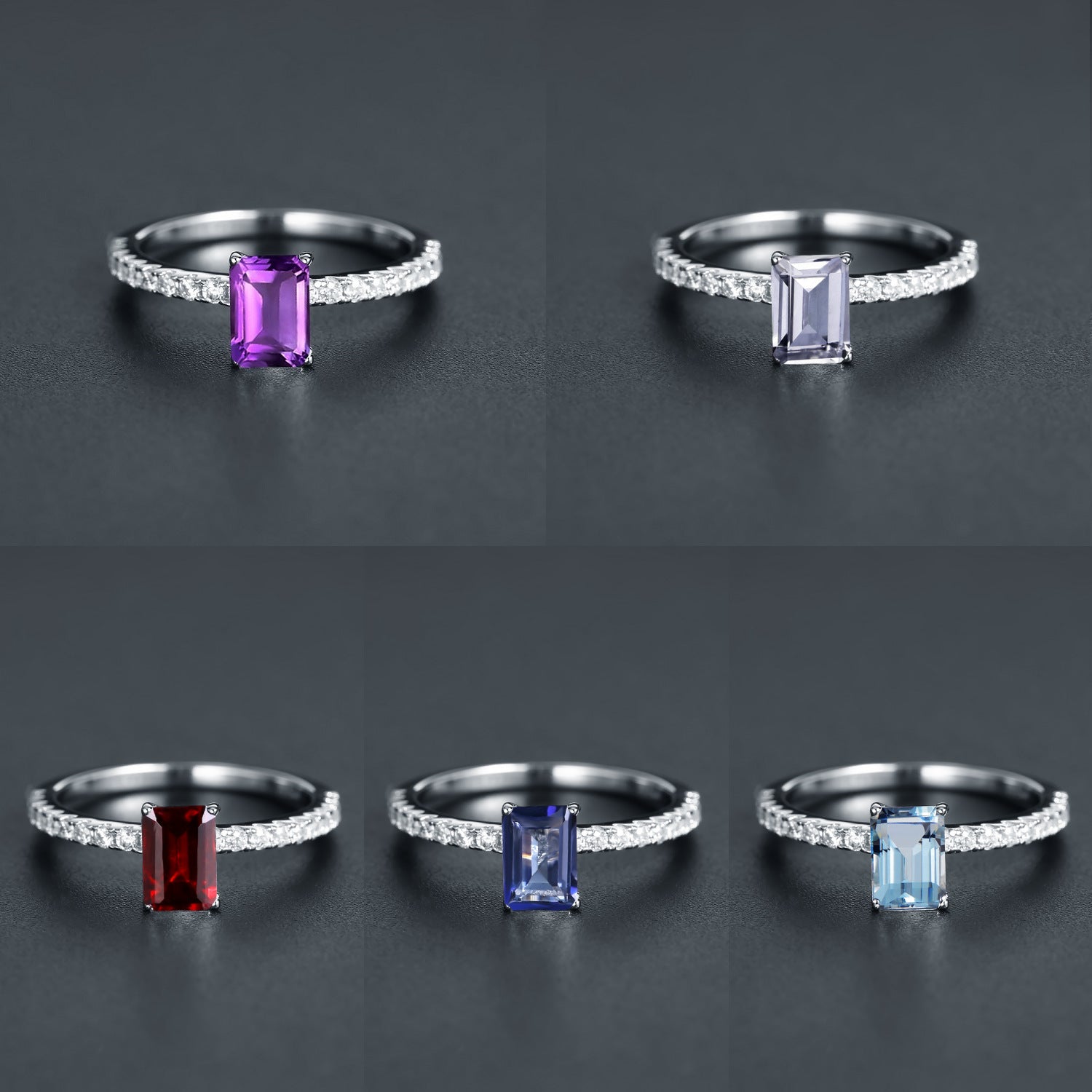 Fashion Light Luxury Natural Colourful Rectangle Gemstone Sterling Silver Four Prongs Ring for Women
