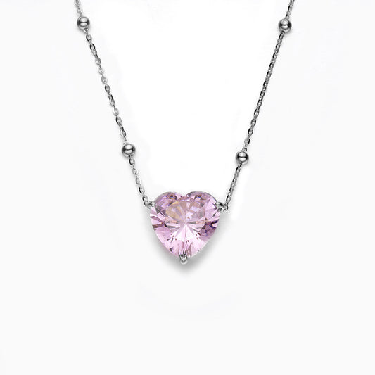 (Two Colours) Pink Zircon Heart Pendants 925 Silver Collarbone Necklace for Women