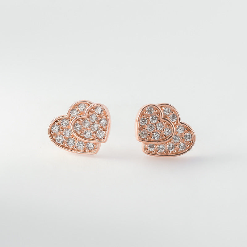 Zircon Double Heart Silver Stud Earrings for Women
