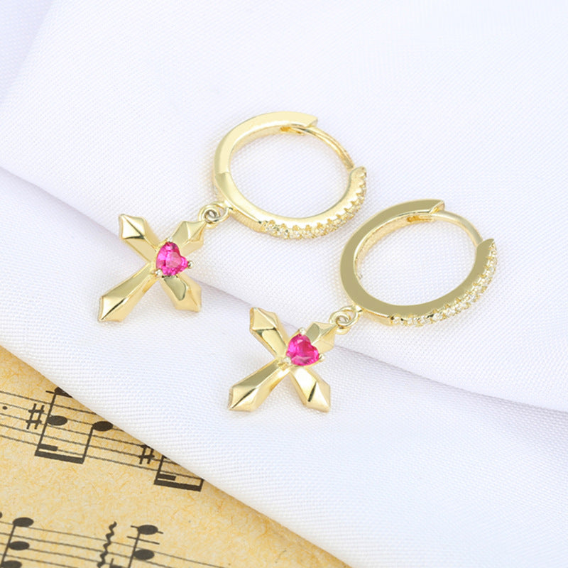 Cross with Red Corundum Silver Hoop Earrings for Women