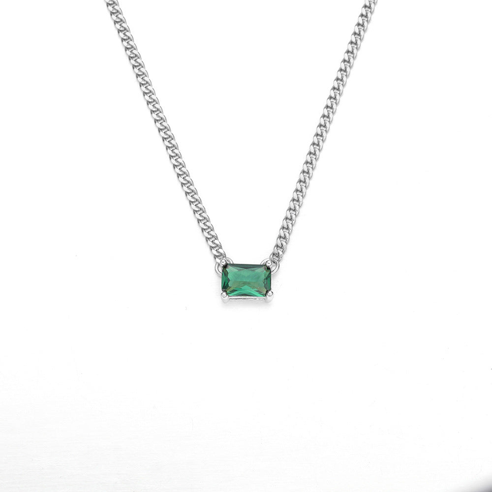 (Two Colours) Emerald Colour Zircon Little Rectangle Pendants 925 Silver Collarbone Necklace for Women