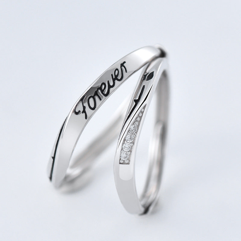 Mobius with Zircon and Letter Pattern Silver Couple Ring for Women