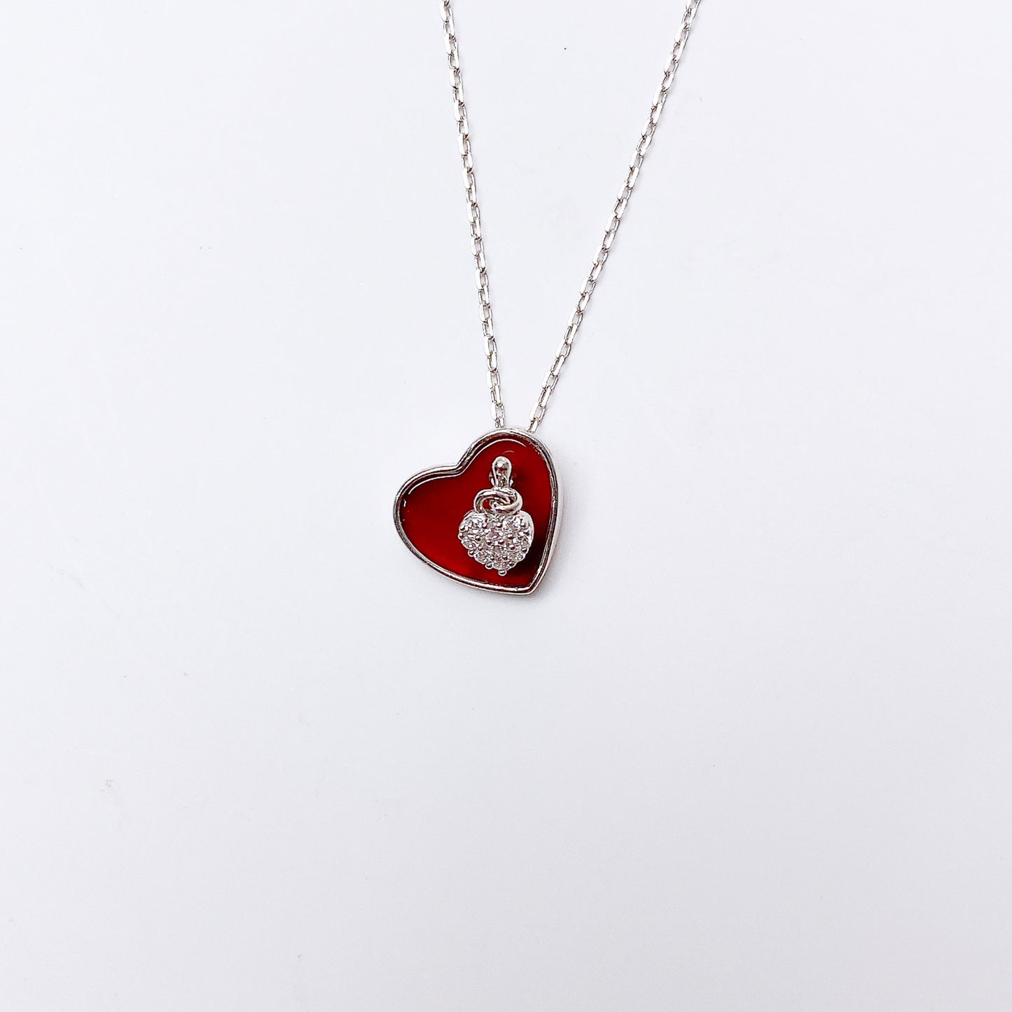 Heart-shape Red Agate with Zircon Pendant Silver Necklace for Women