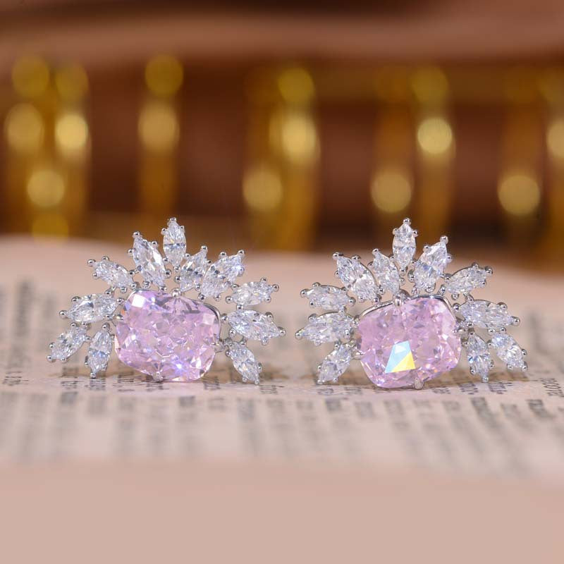 Pink Zircon 9*11mm Rectangle Ice Cut Half Annular Petals Silver Studs Earrings for Women