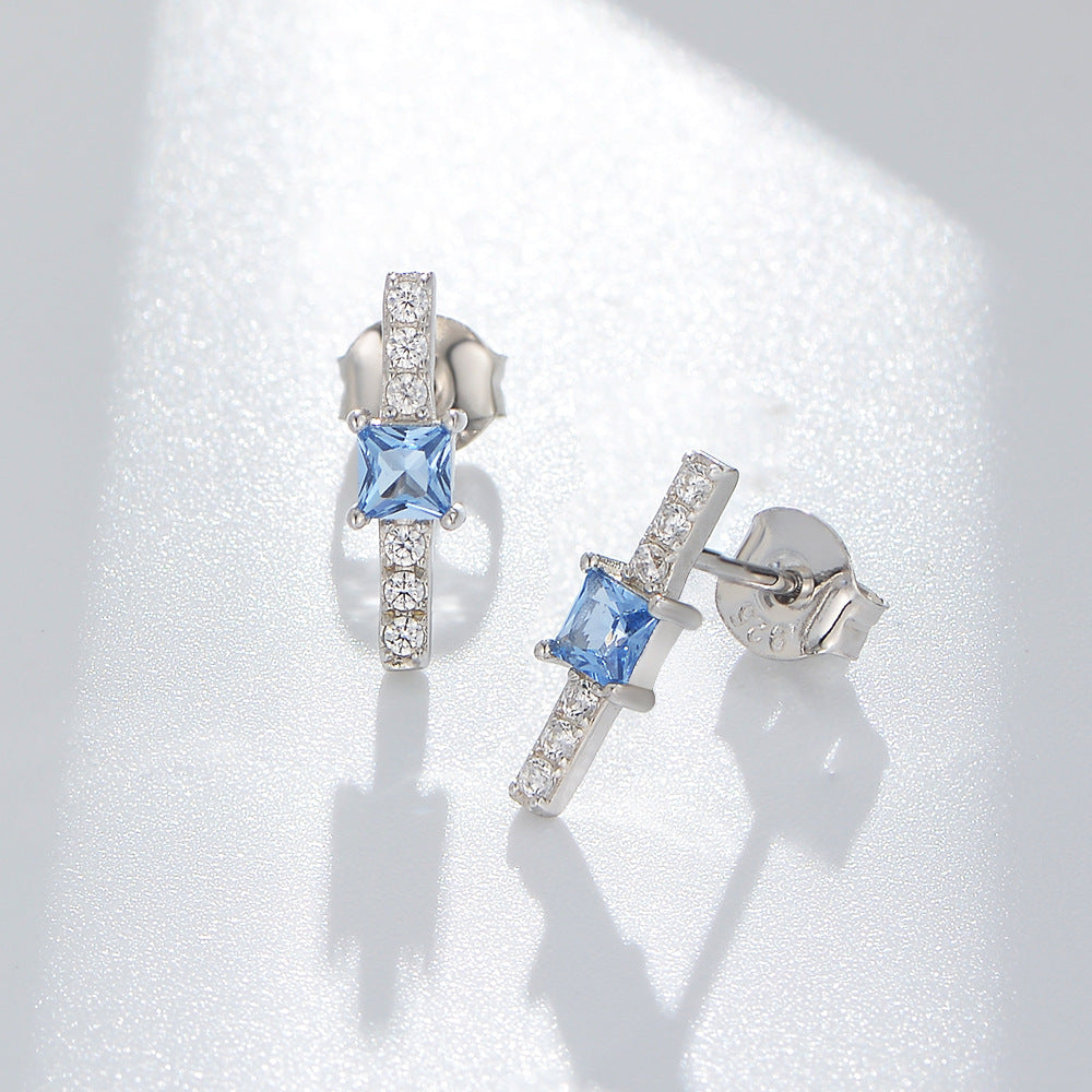 Geometric Square Blue Zircon Silver Studs Earrings for Women
