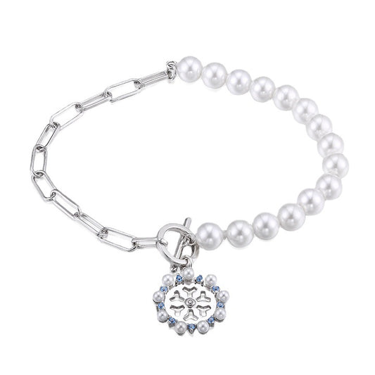 Half Beading Freshwater Pearl Half Chain Snowflake Silver Bracelet for Women