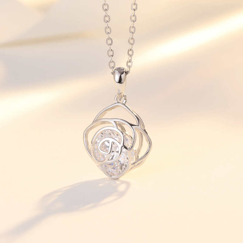 Hollow Rose with Round Zircon Pendant Silver Necklace for Women