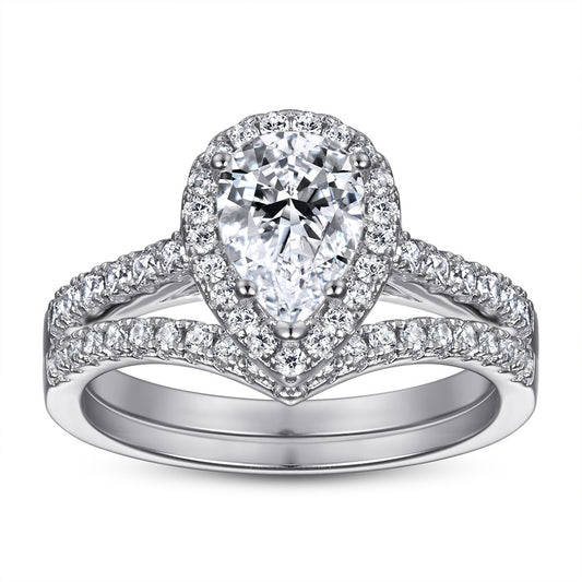 Pear Drop Zircon Soleste Halo with V-shaped Silver Ring Set for Women