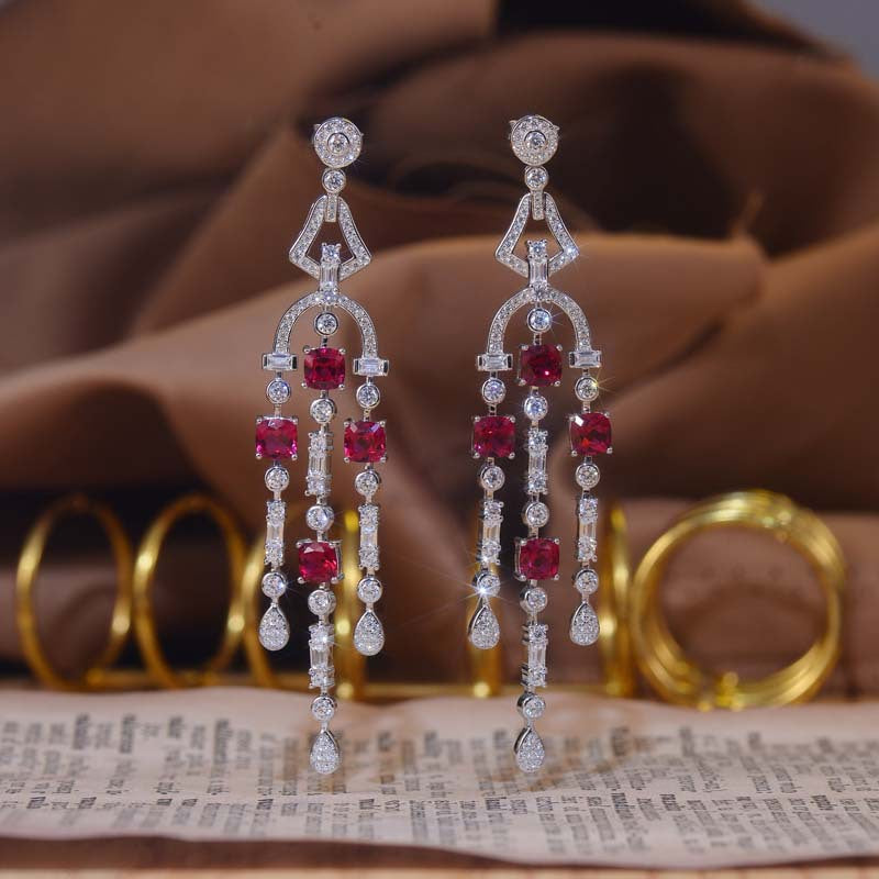 Lab-Created Ruby Tassels Silver Drop Earrings for Women