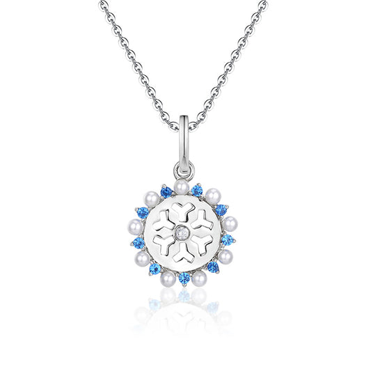(Pendant Only) Snowflake with Blue Zircon and Pearl Silver Pendant for Women