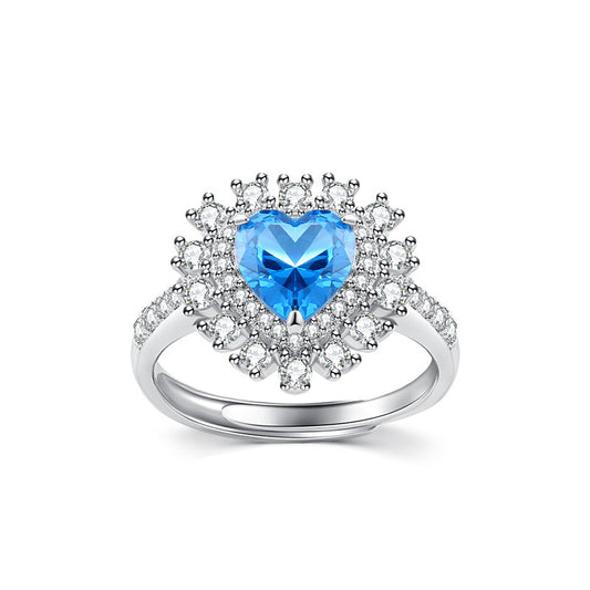 Colourful Heart-shape Zircon Double Soleste Halo Silver Ring for Women