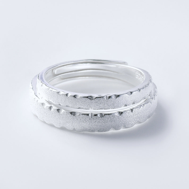 Irregular Edge Frosted Silver Couple Ring for Women