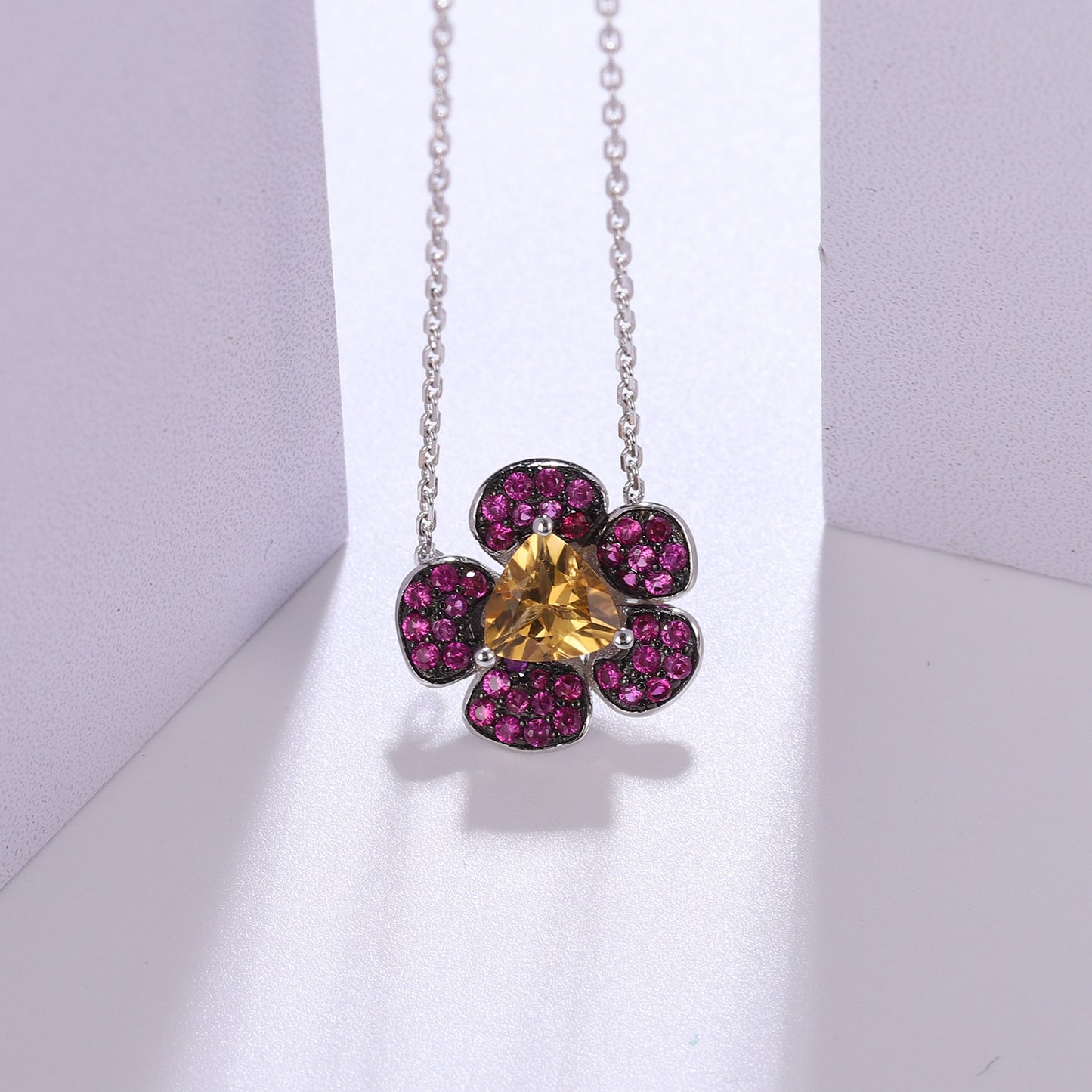 Natural Amethyst Design Colourful Gemstone Flower Pendant  Silver Necklace for Women