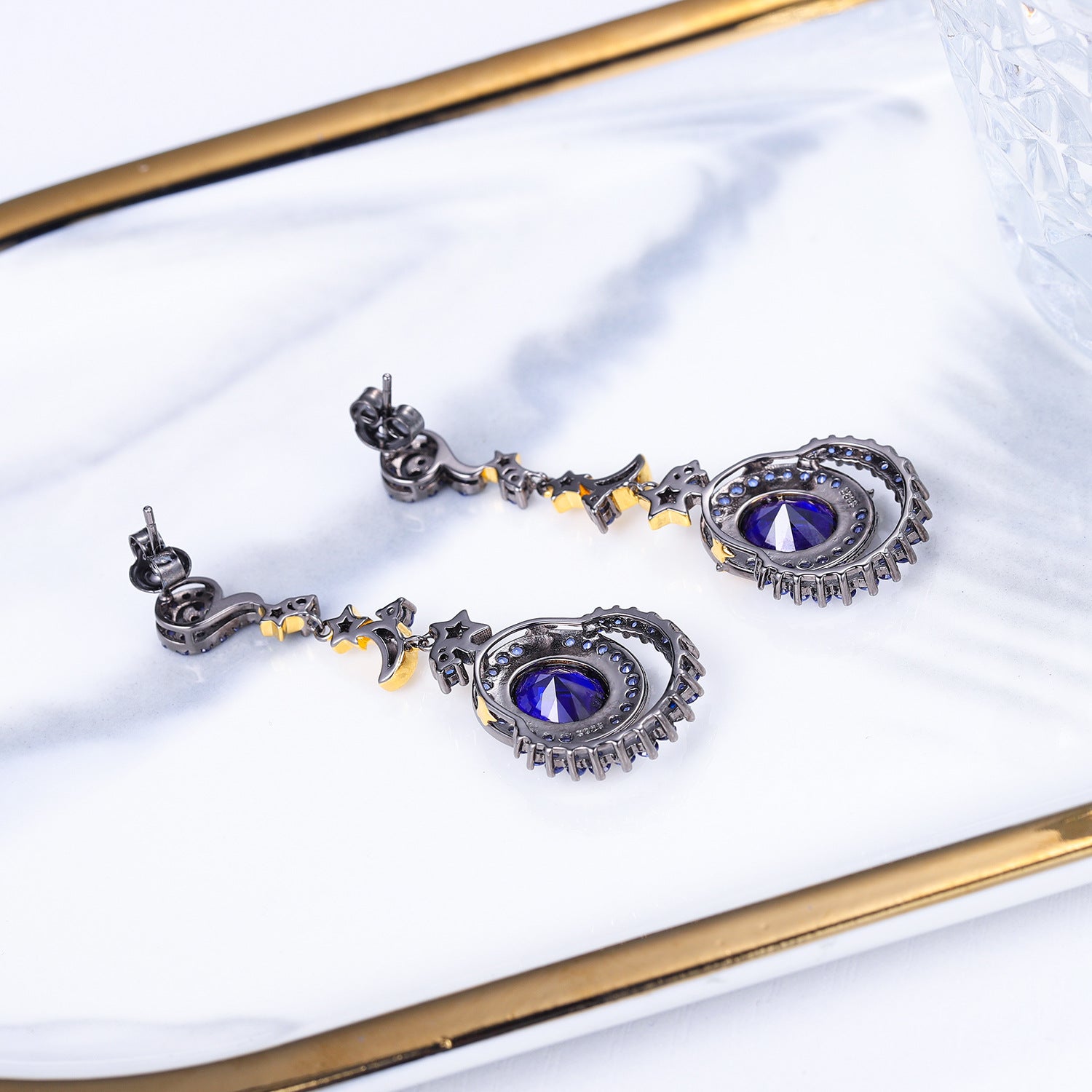 European Bule Corundum Moonstar Oval Shape Silver Drop Earrings for Women