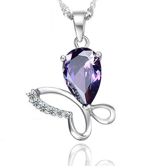 (Pendant Only) Butterfly with Pear Drop Zircon Silver Pendant for Women