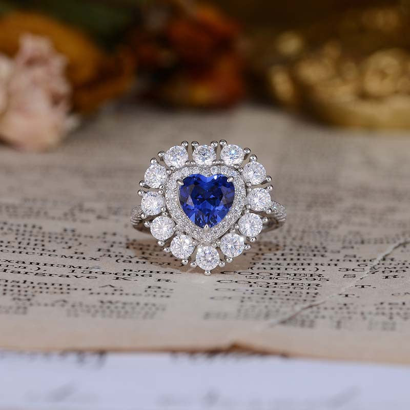 Lab-Created Sapphires 7*7mm Heart Shape Soleste Halo Silver Ring for Women