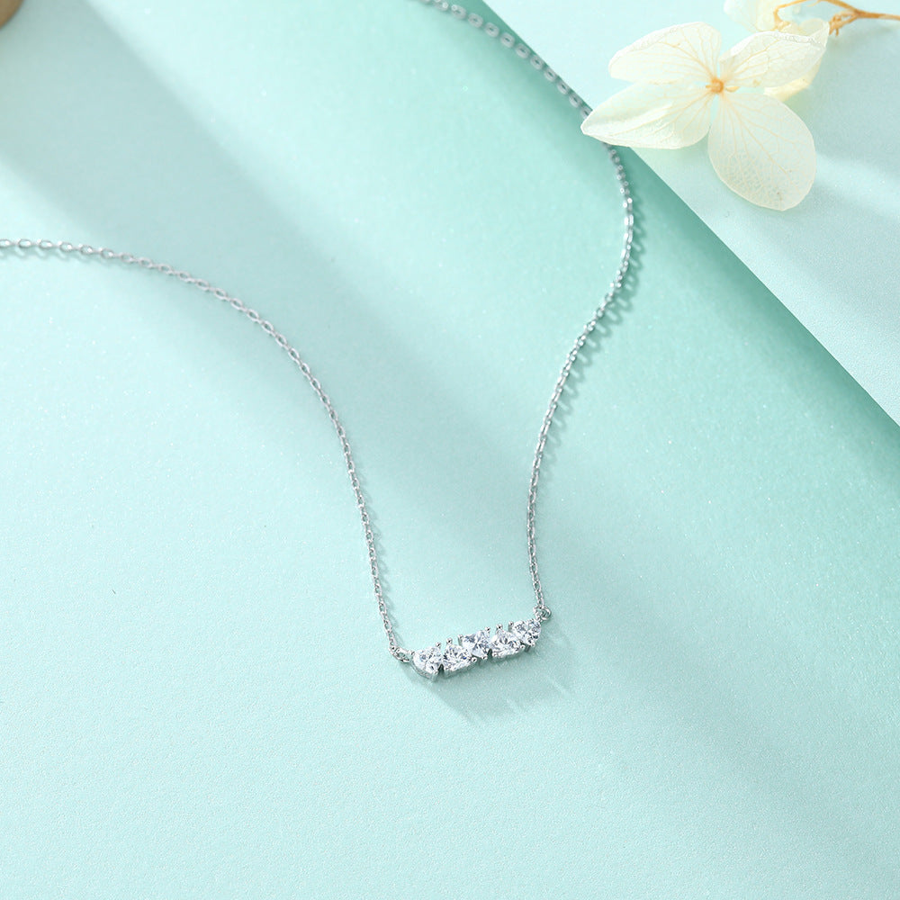 Single Row Heart Zircon Pendant Silver Necklace for Women